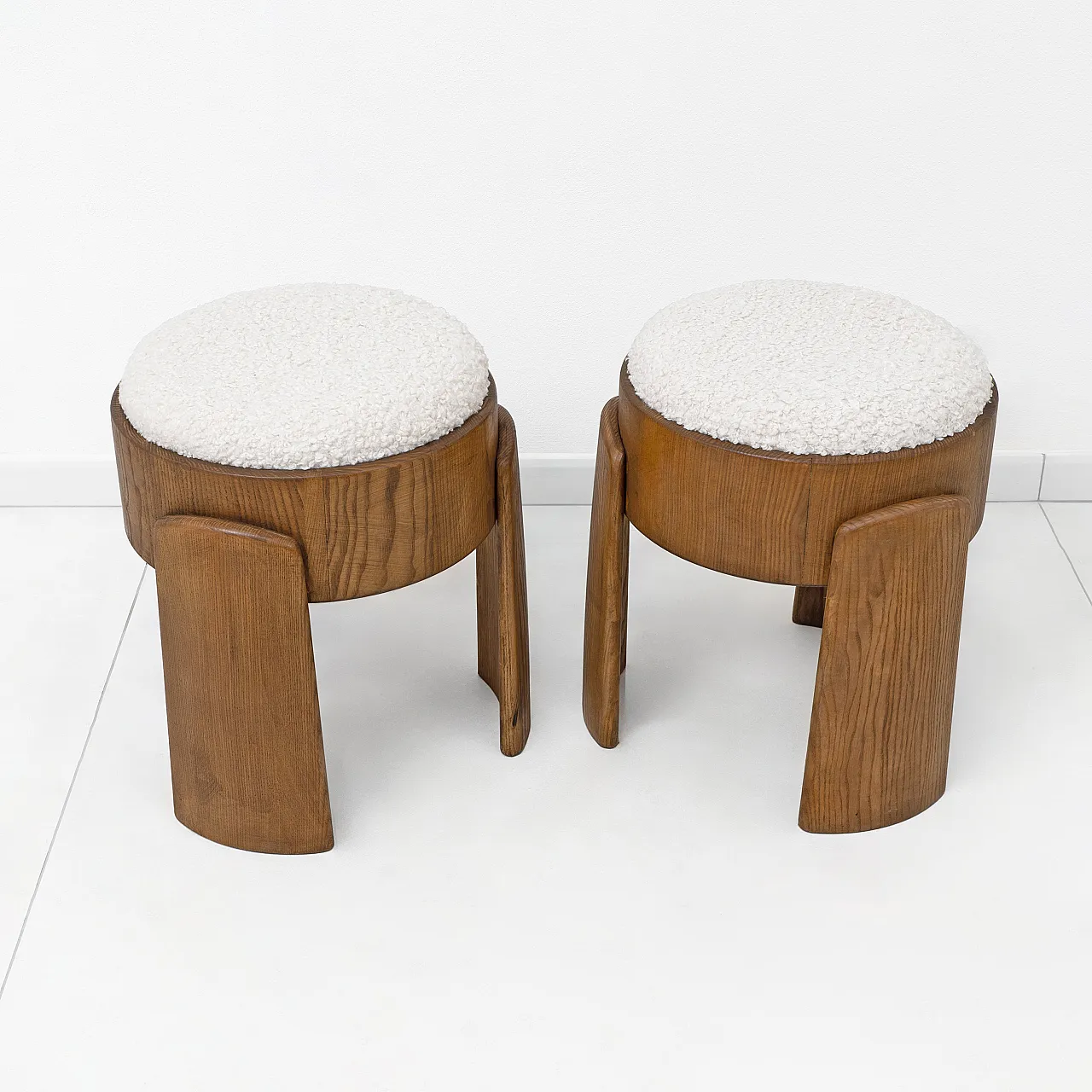 Pair of upholstered Art Deco style ash wood stools, 2000s 2