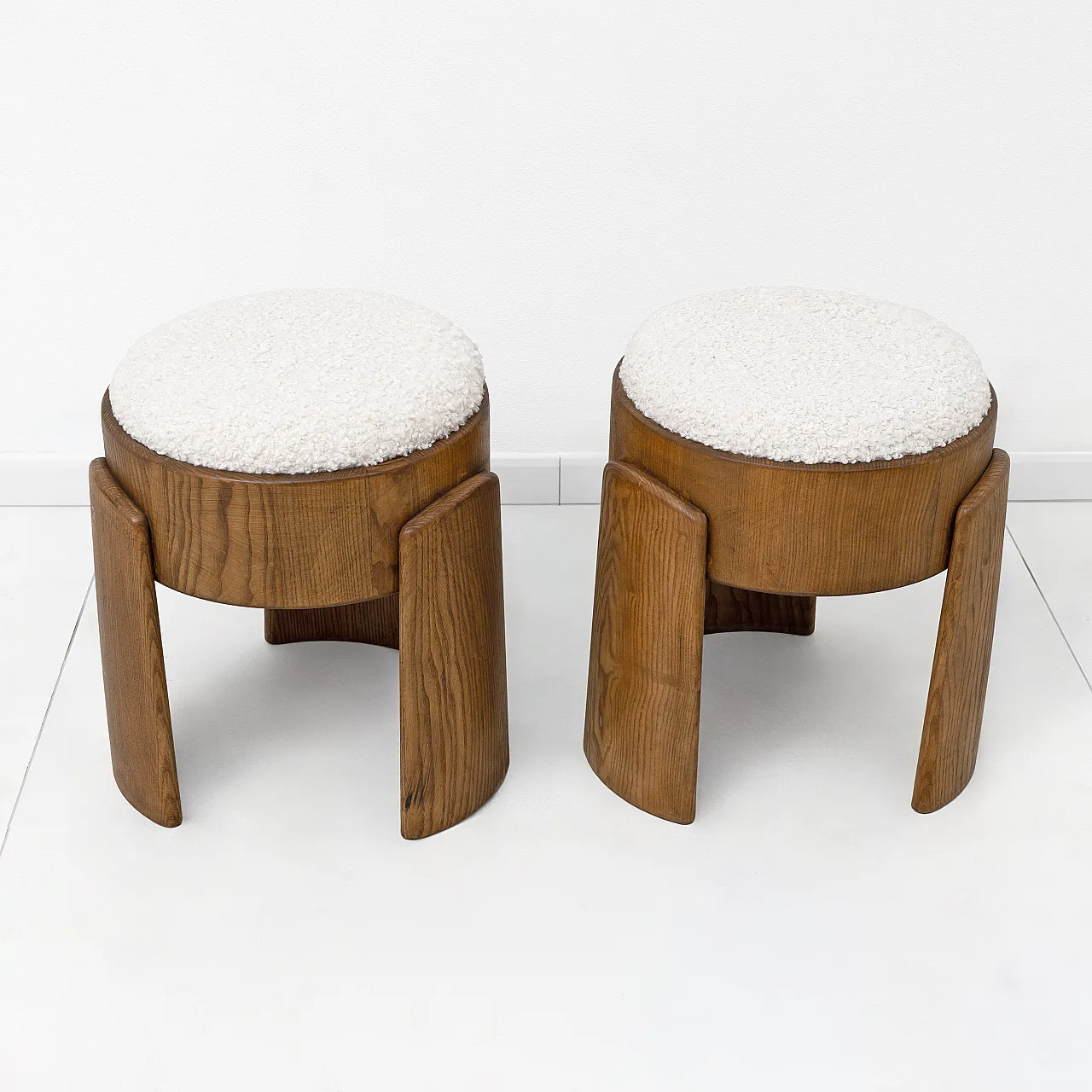 Pair of upholstered Art Deco style ash wood stools, 2000s 5