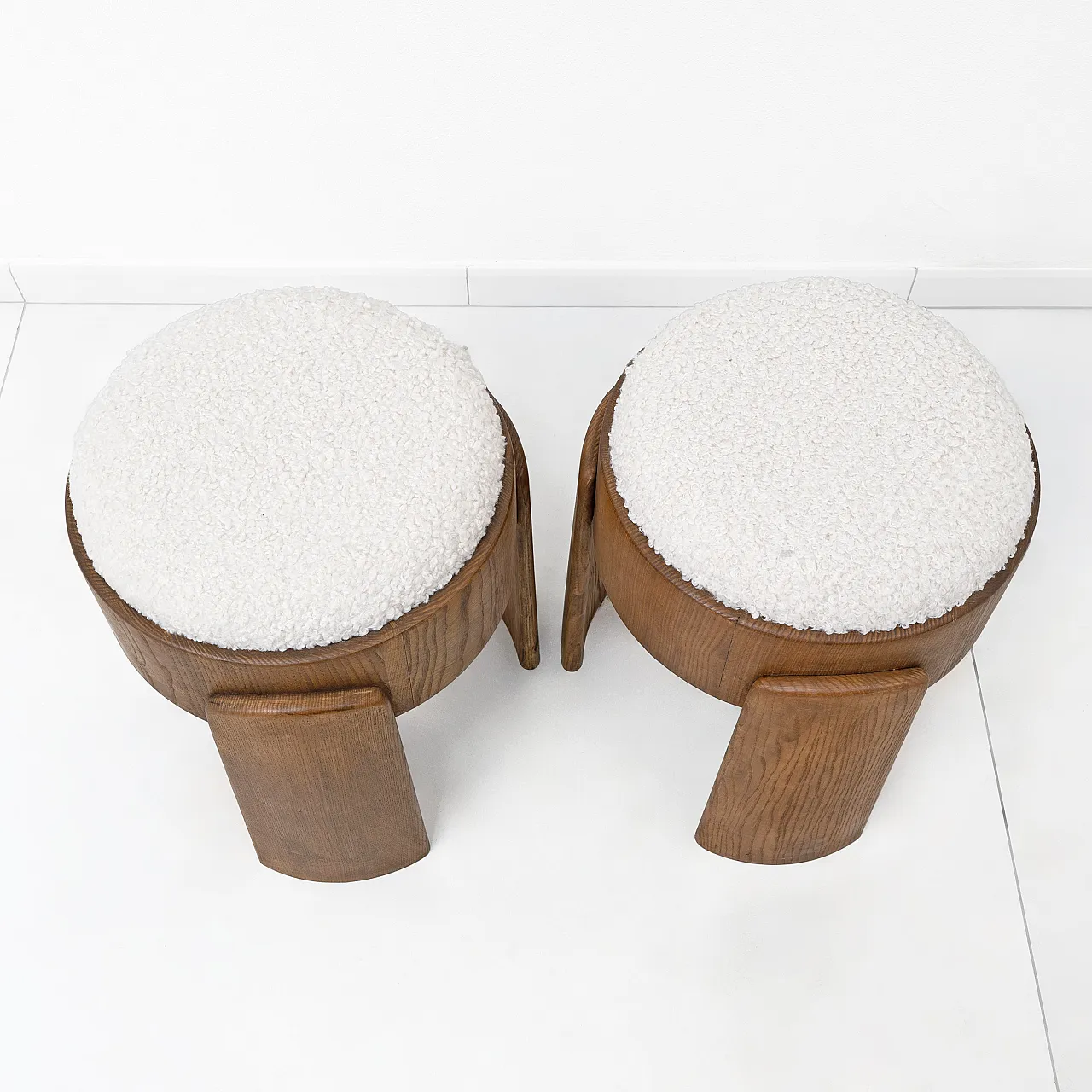 Pair of upholstered Art Deco style ash wood stools, 2000s 6