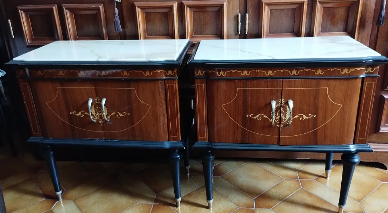 Coppia di comodini Mid Century con piani in marmo, anni '50 1