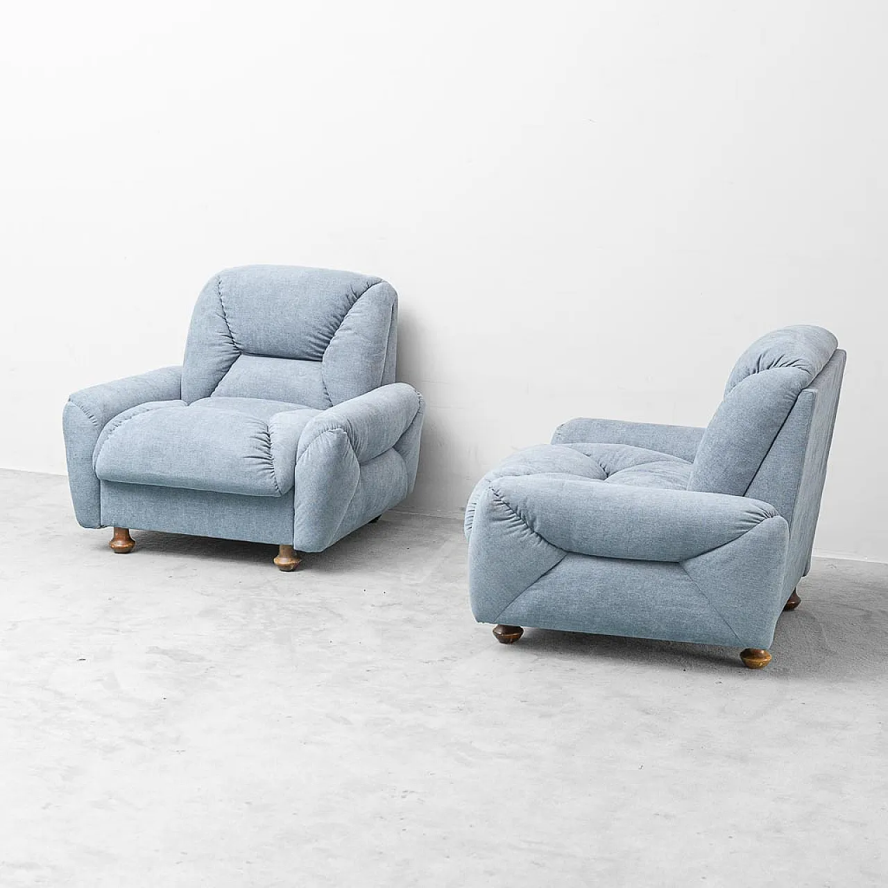 Pair of light blue fabric armchairs, 1950s 1