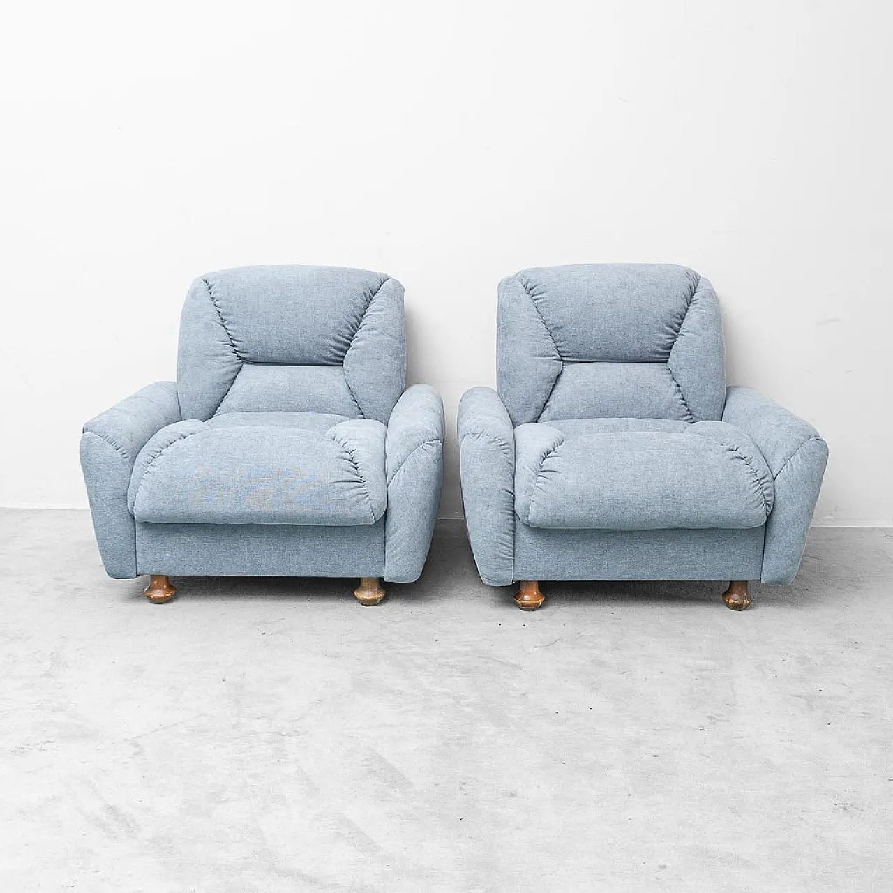 Pair of light blue fabric armchairs, 1950s 3