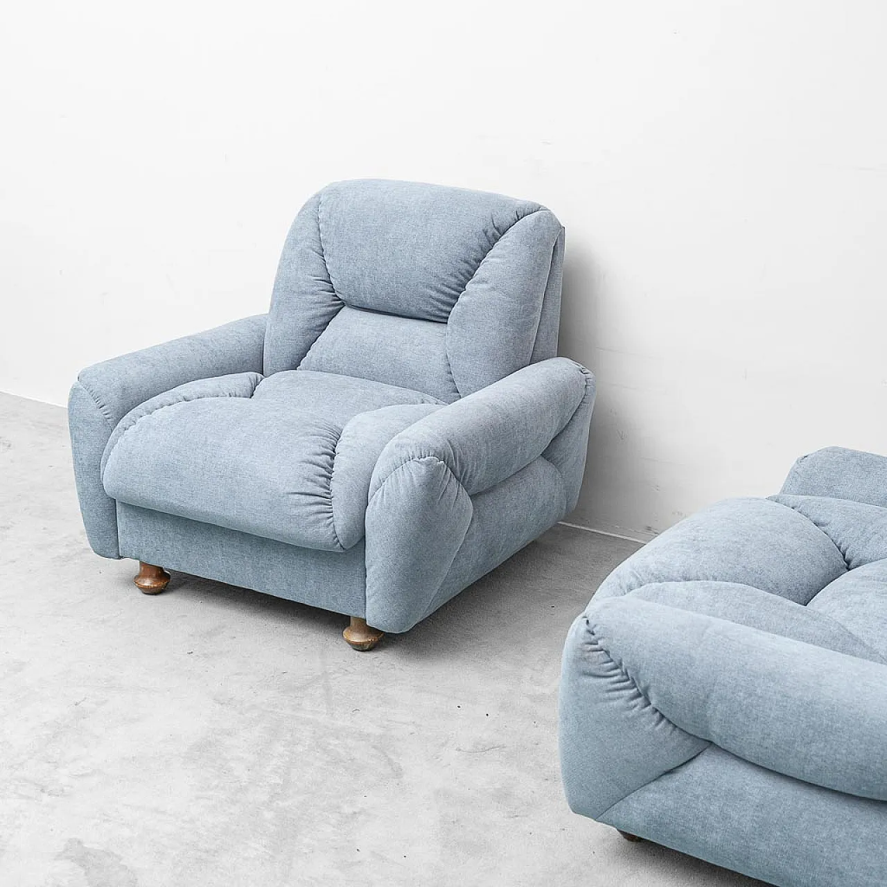 Pair of light blue fabric armchairs, 1950s 5