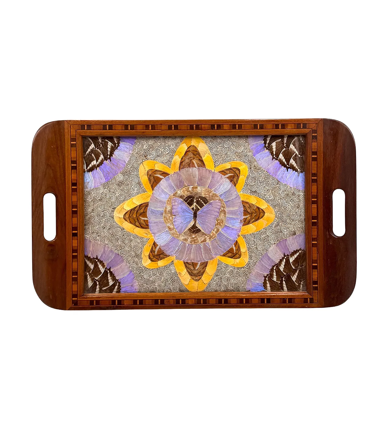 Wooden tray inlaid with butterfly wings, Brazil, 1950s 1