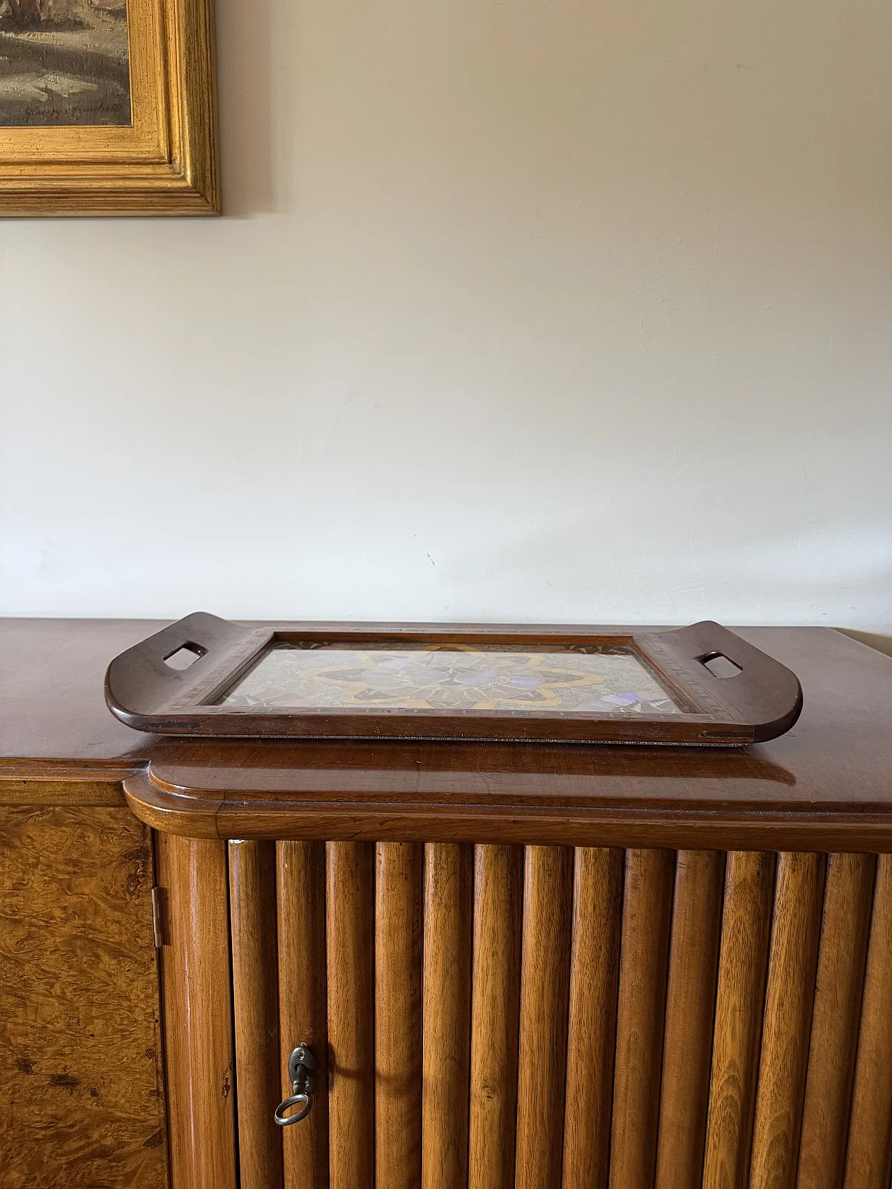 Wooden tray inlaid with butterfly wings, Brazil, 1950s 2