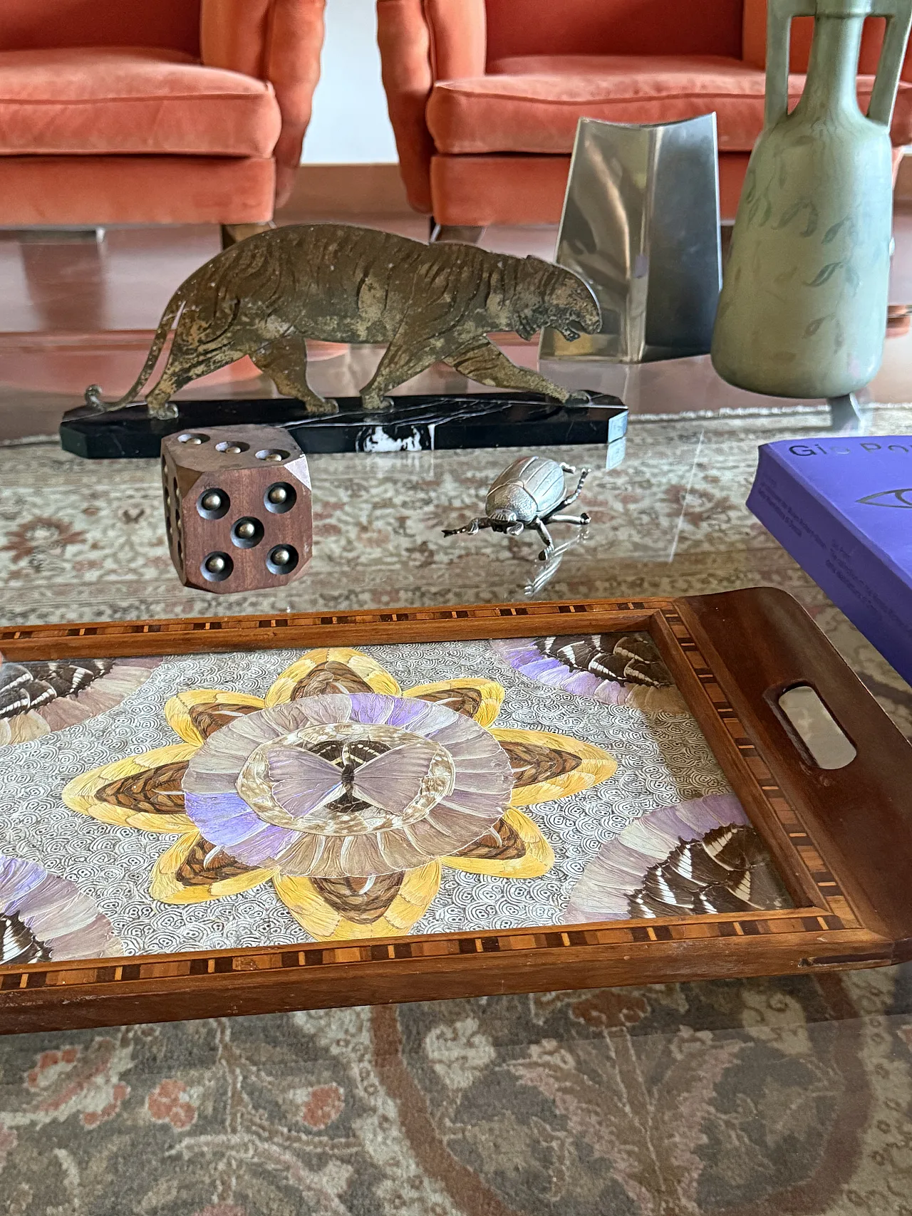 Wooden tray inlaid with butterfly wings, Brazil, 1950s 5