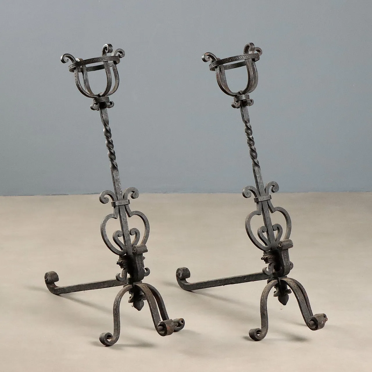 Pair of andirons in wrought iron, 20th century 1