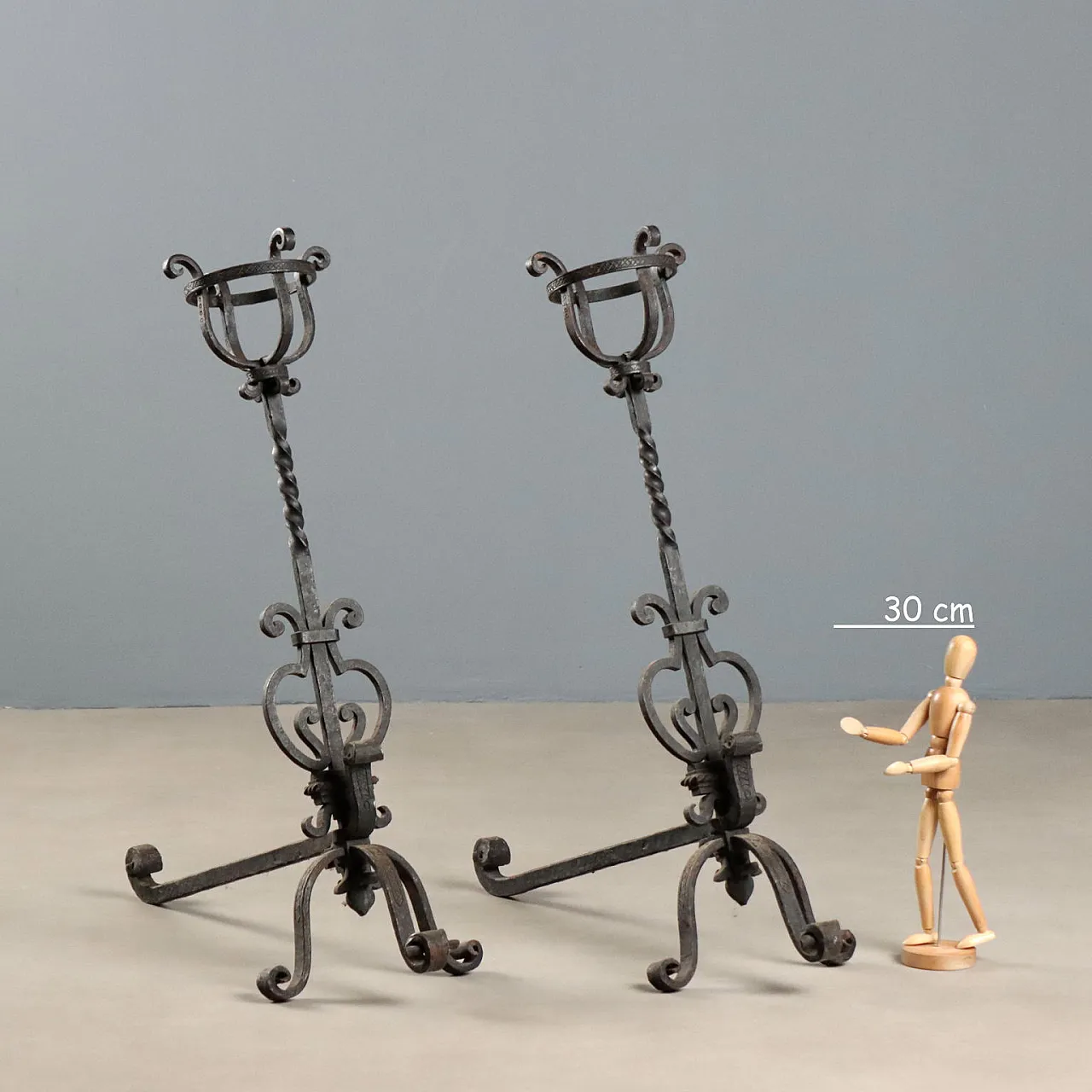Pair of andirons in wrought iron, 20th century 2