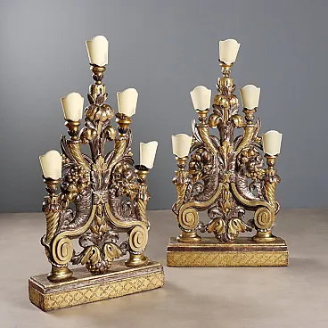 Pair of Baroque carved wooden torch holders, 18th century