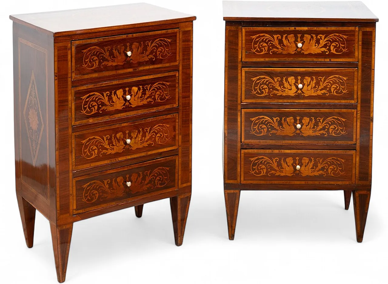 Pair of antique Louis XVI Lombardi bedside tables in polychrome wood. Peri 7