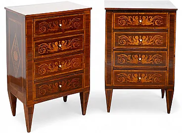 Pair of antique Louis XVI Lombardi bedside tables in polychrome wood. Peri