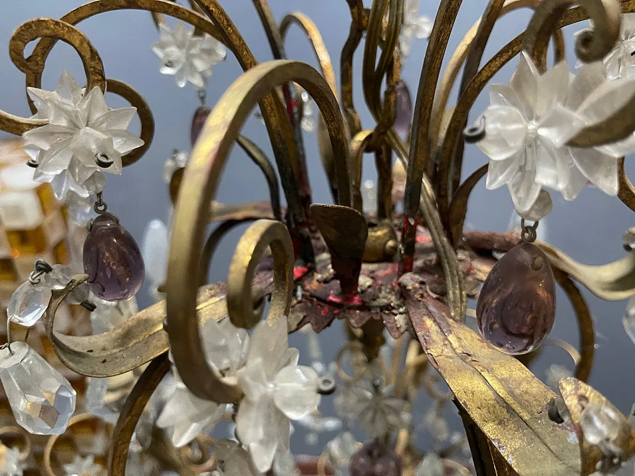 Lampadario grande fiorentino con fiori in vetro di Murano, Italia, anni '50 11