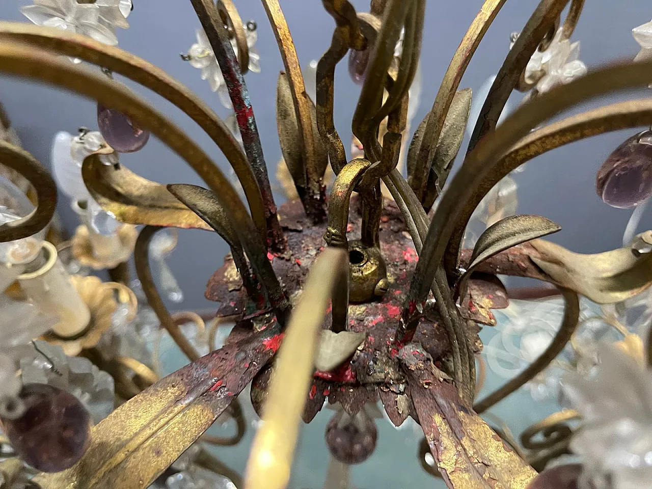 Lampadario grande fiorentino con fiori in vetro di Murano, Italia, anni '50 13