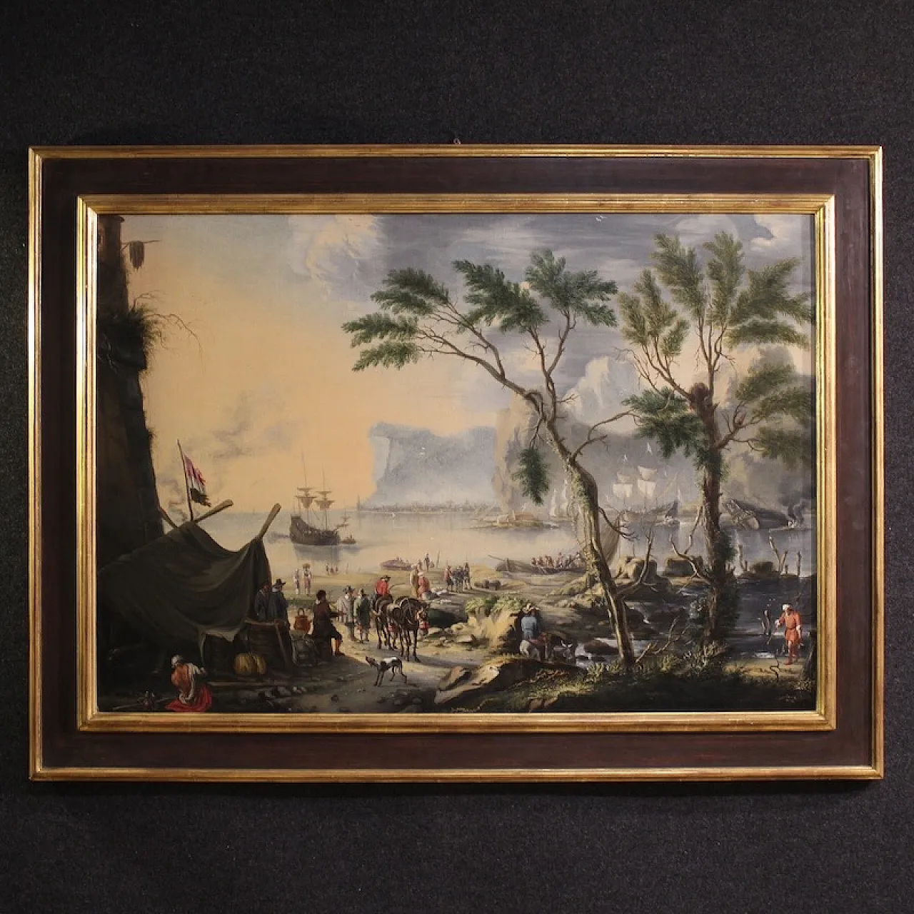 Flemish painting, large landscape with sailing ships, 17th century 1