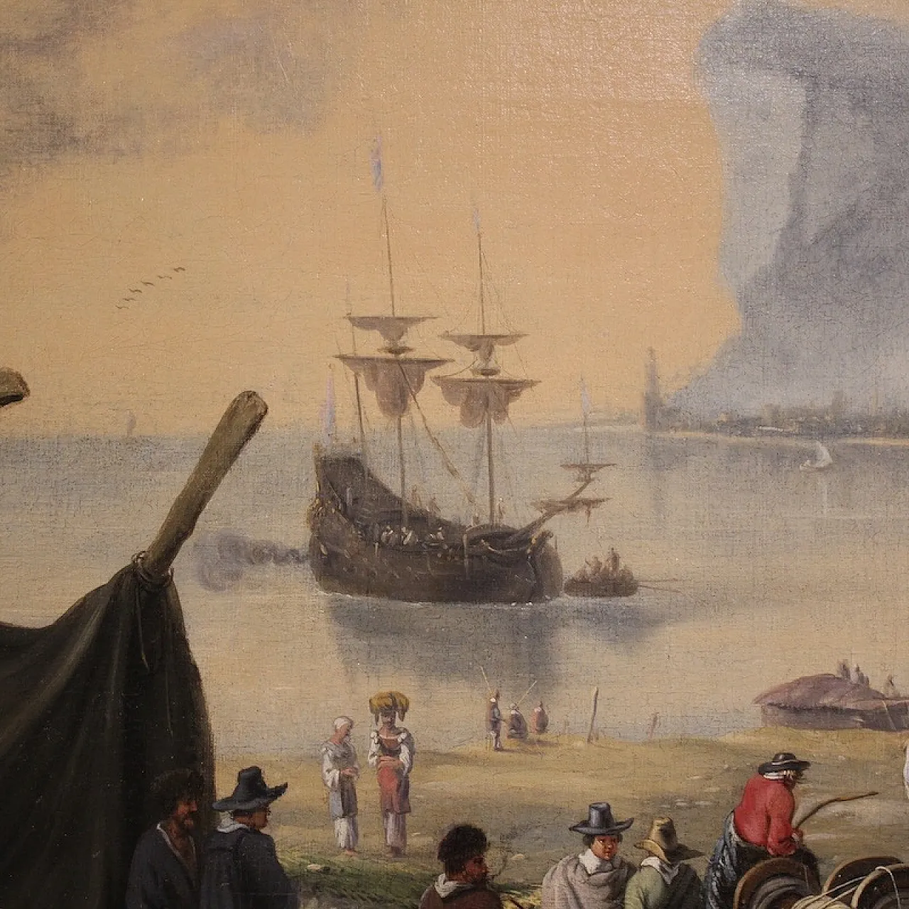 Flemish painting, large landscape with sailing ships, 17th century 4