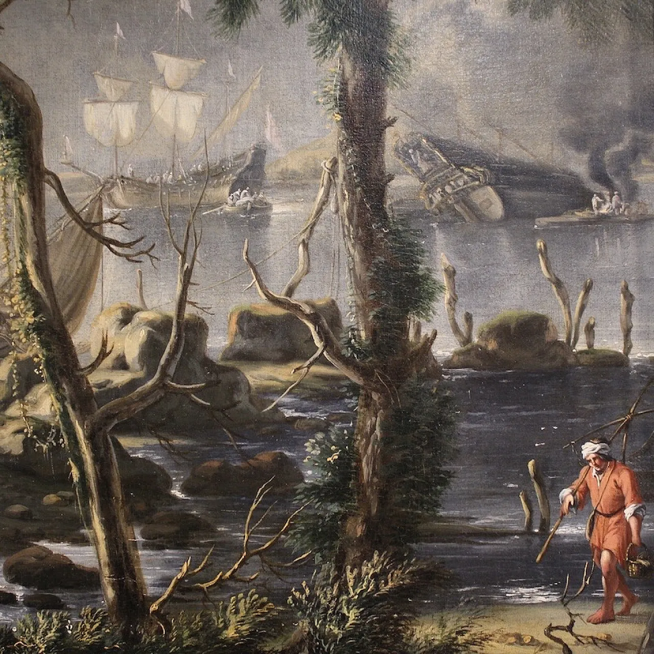 Flemish painting, large landscape with sailing ships, 17th century 5