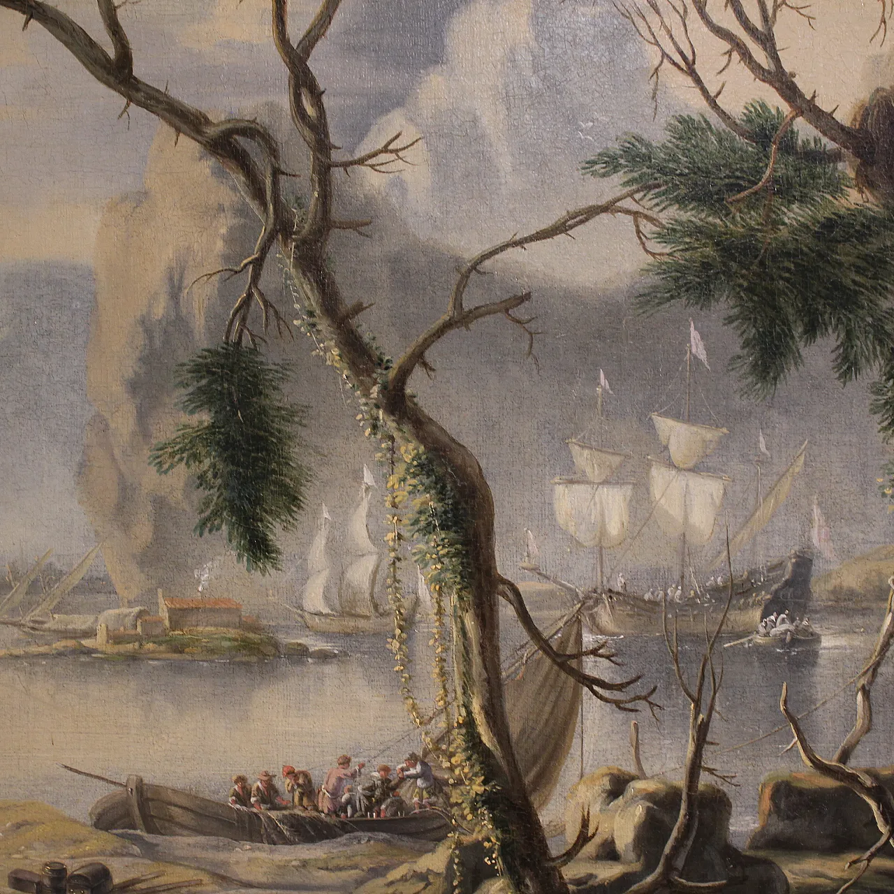 Flemish painting, large landscape with sailing ships, 17th century 6