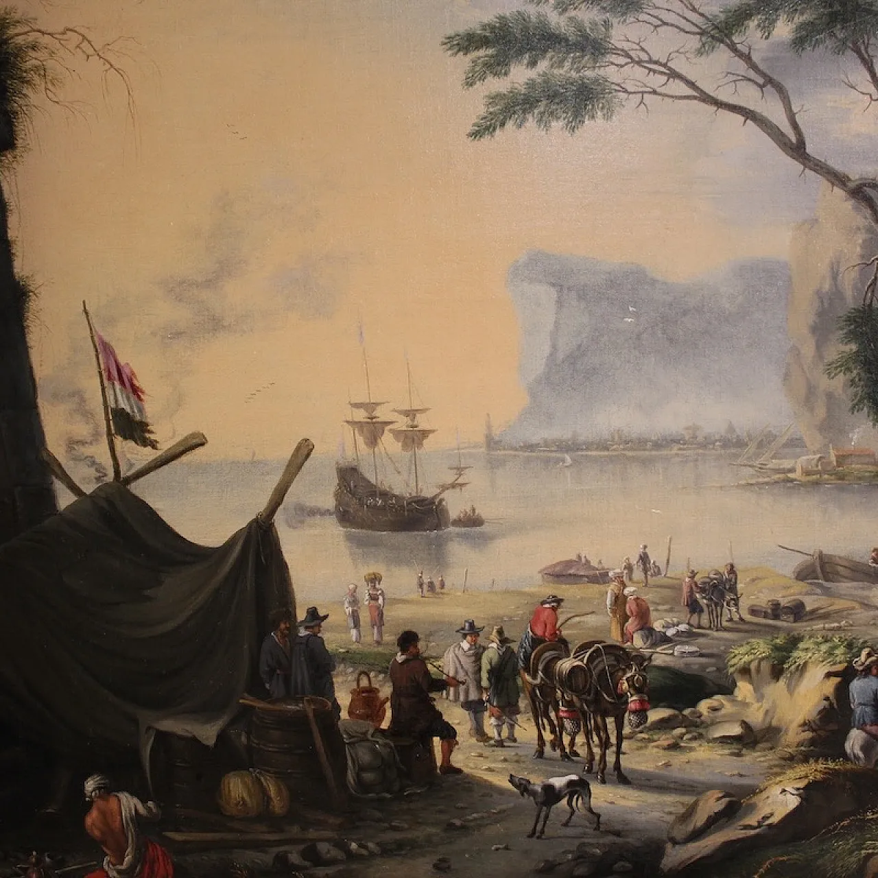 Flemish painting, large landscape with sailing ships, 17th century 11