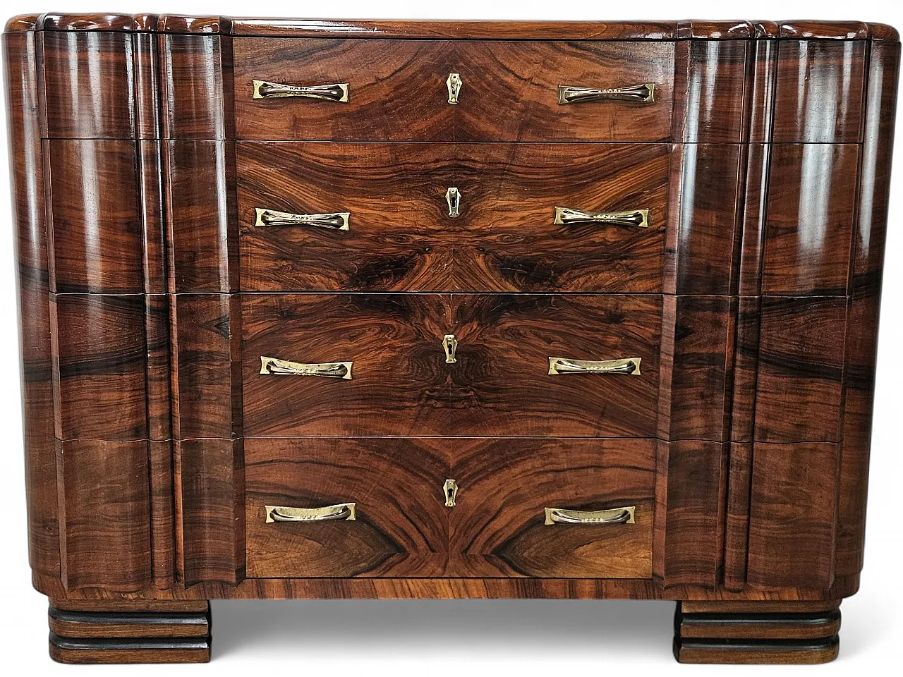 Decò chest of drawers in walnut with drawers and brass handles, 1940s 21