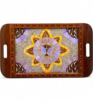 Wooden tray inlaid with butterfly wings, Brazil, 1950s