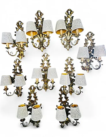 9 Applique da Parete a Due Luci in Legno Dorato, anni '70