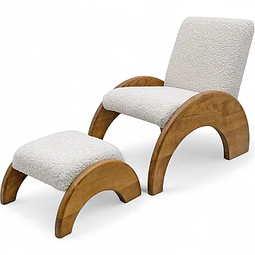Bouclé Curved Wood and Ivory Armchair and Ottoman Set, 70s