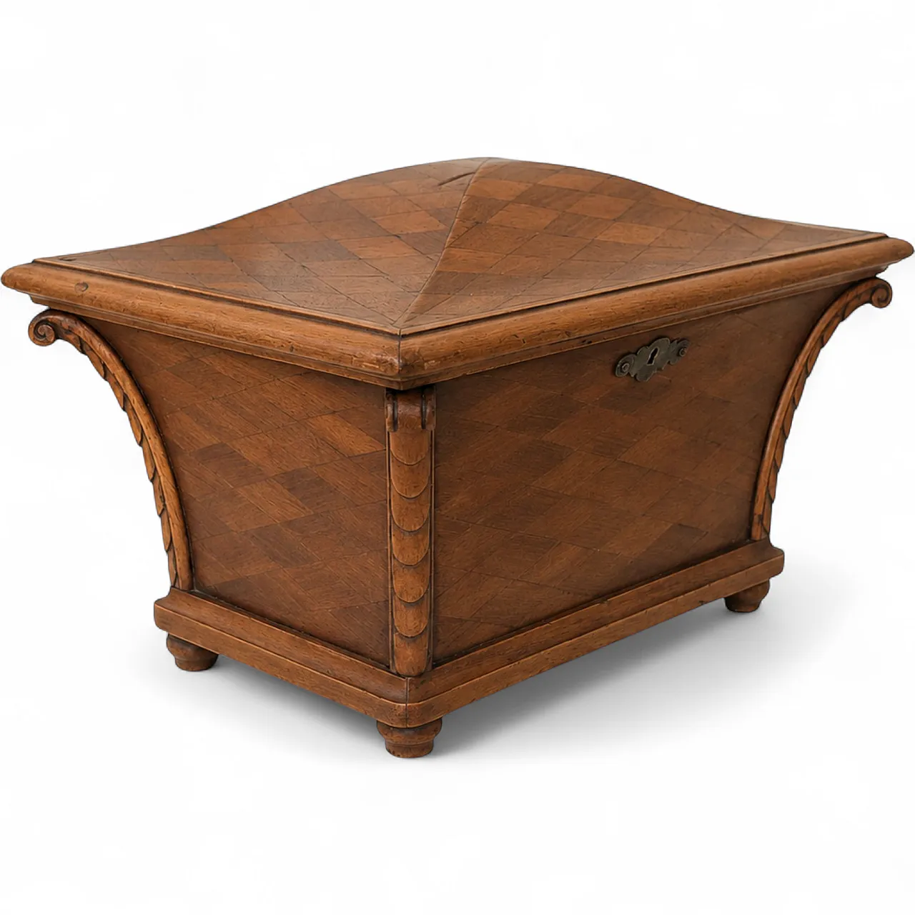 Scatola decorativa tea caddy Mid-Century in legno intarsiato e ottone 11