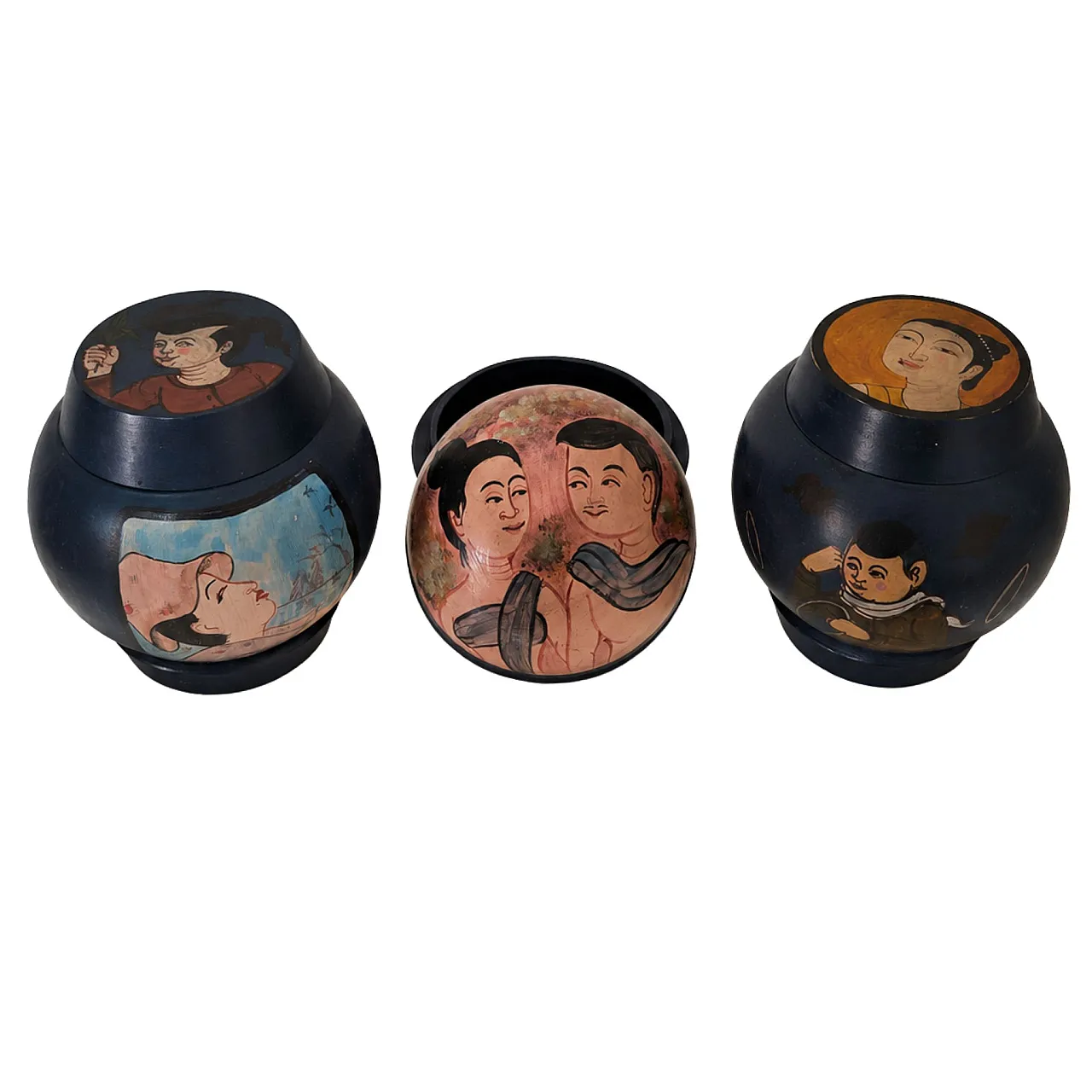Folk Art Scatole decorative cinesi in legno dipinto a mano, anni ’50 9