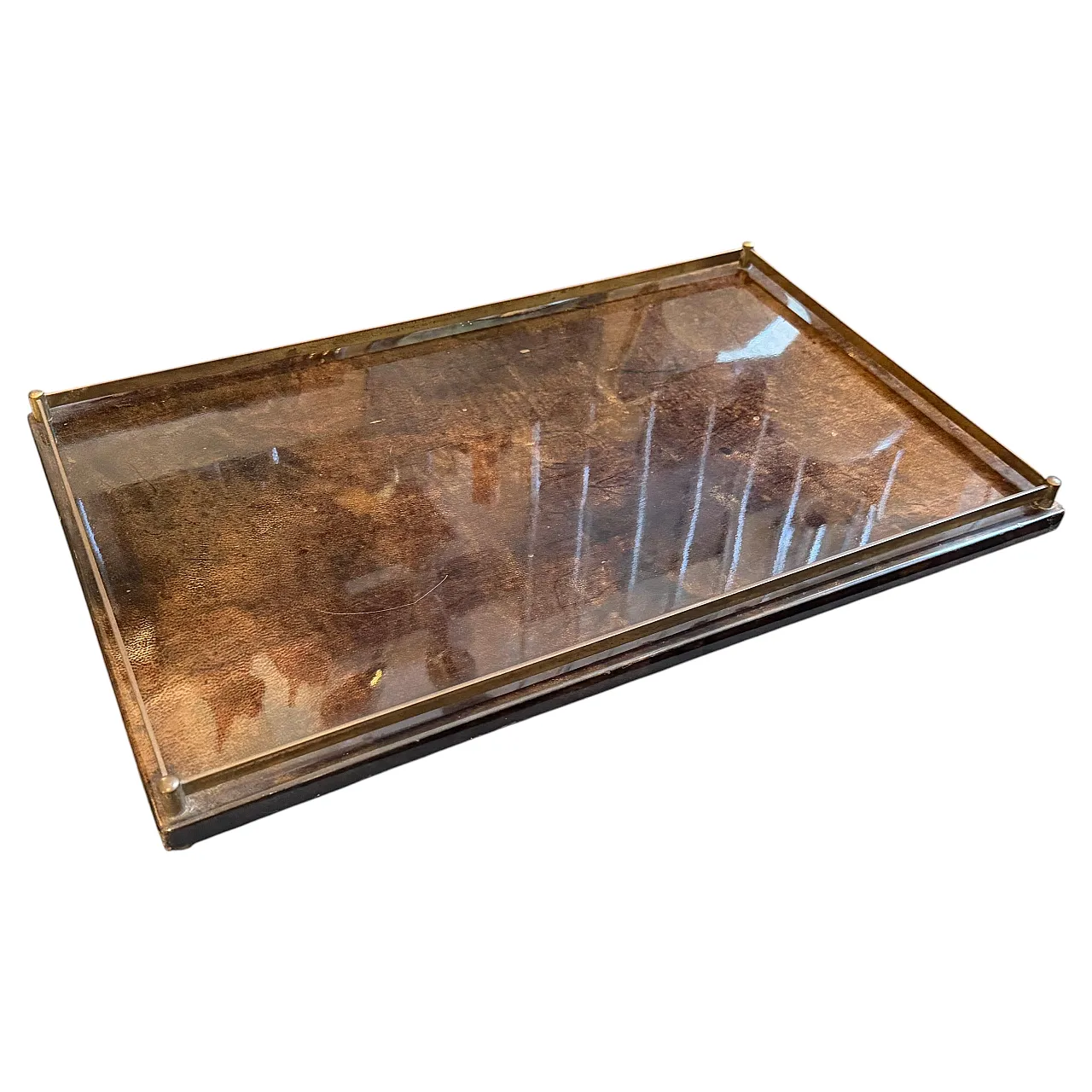 Mid-Century Modern painted goatskin and brass tray by Aldo Tura, 1950s 1