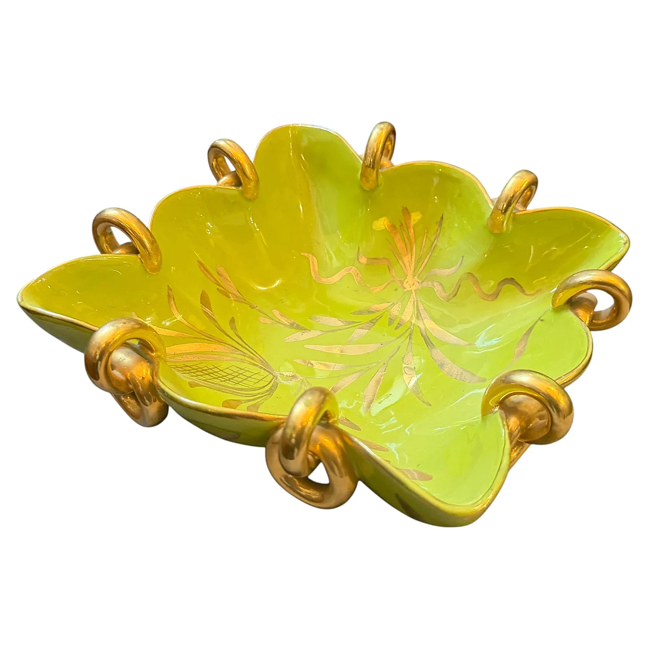 Gio Ponti style green and gold ceramic square bowl by Essepi, 1950s 1