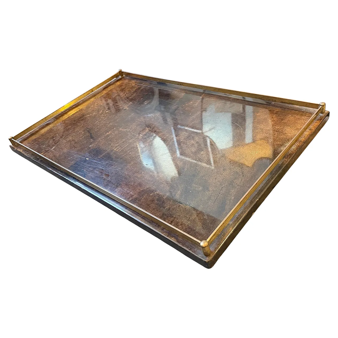 Mid-Century Modern painted goatskin and brass tray by Aldo Tura, 1950s 2