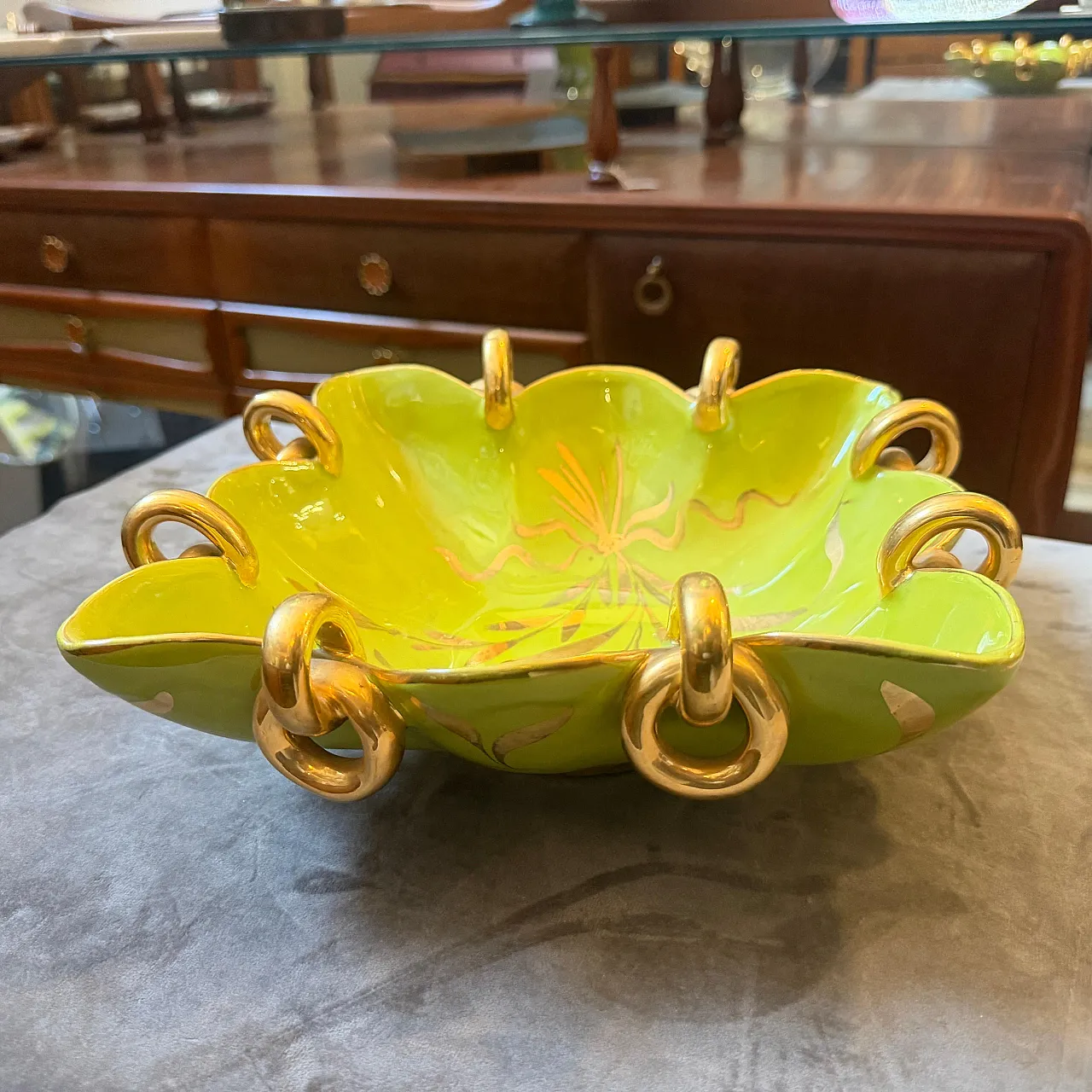 Gio Ponti style green and gold ceramic square bowl by Essepi, 1950s 2