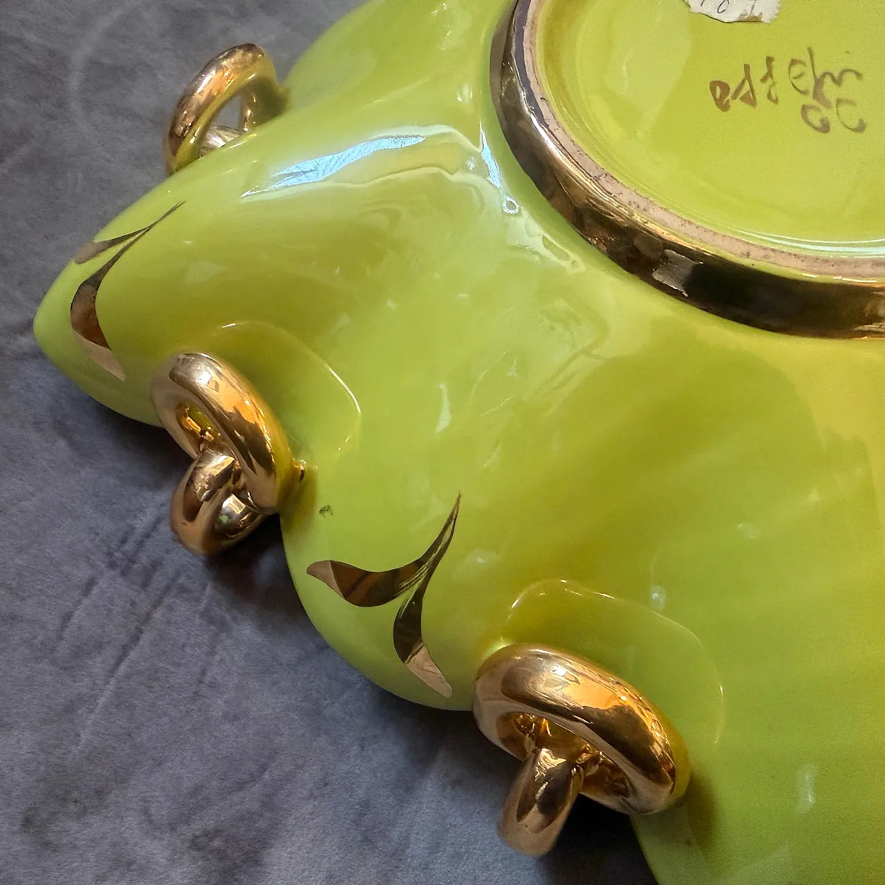 Gio Ponti style green and gold ceramic square bowl by Essepi, 1950s 3