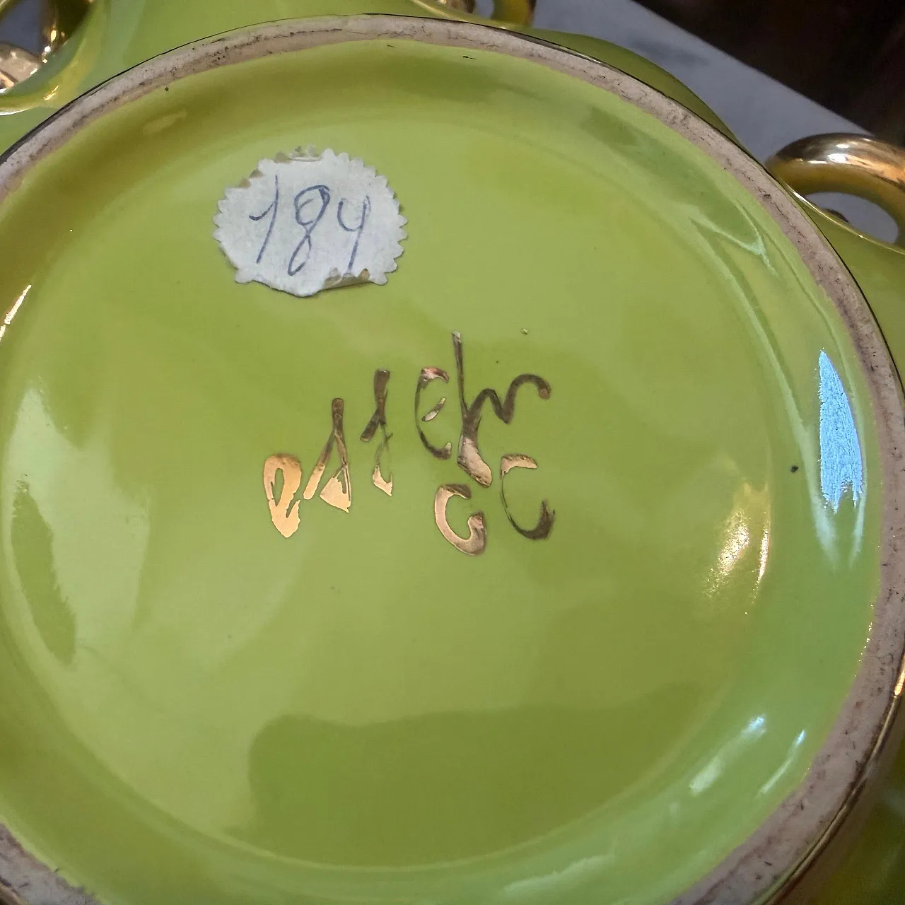 Gio Ponti style green and gold ceramic square bowl by Essepi, 1950s 4