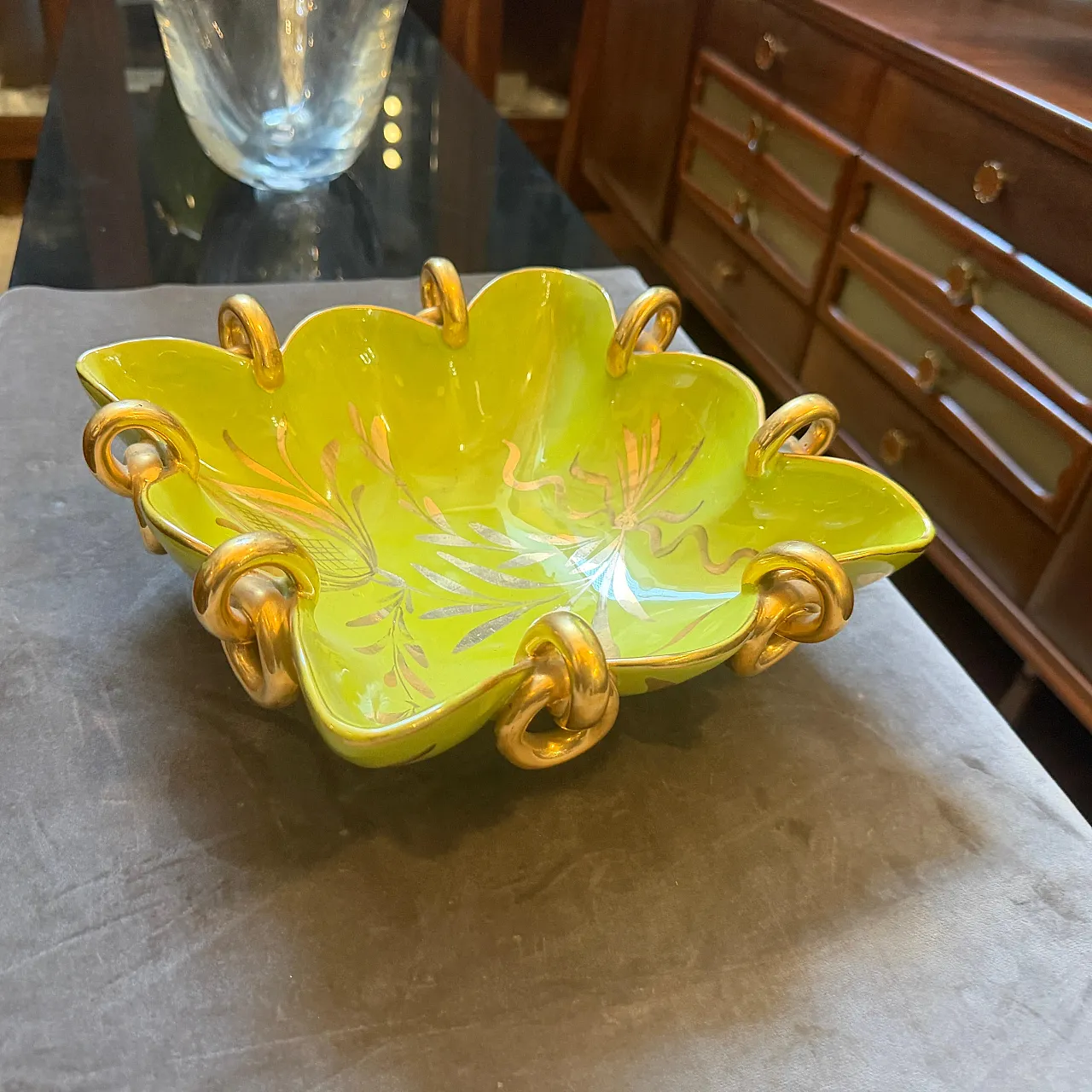 Gio Ponti style green and gold ceramic square bowl by Essepi, 1950s 5