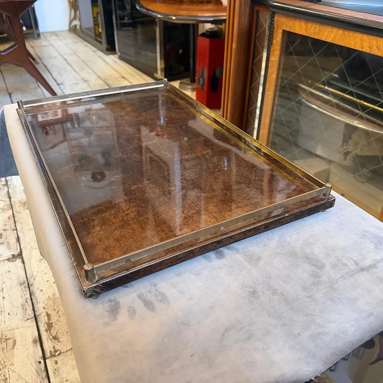 Mid-Century Modern painted goatskin and brass tray by Aldo Tura, 1950s 5