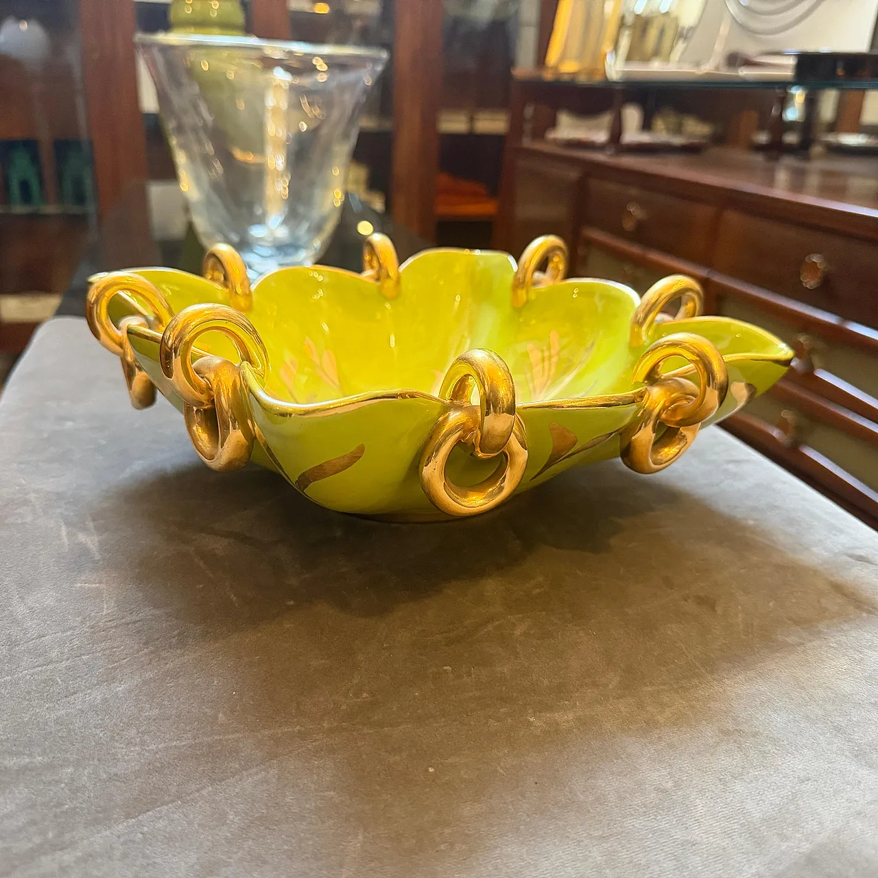 Gio Ponti style green and gold ceramic square bowl by Essepi, 1950s 6