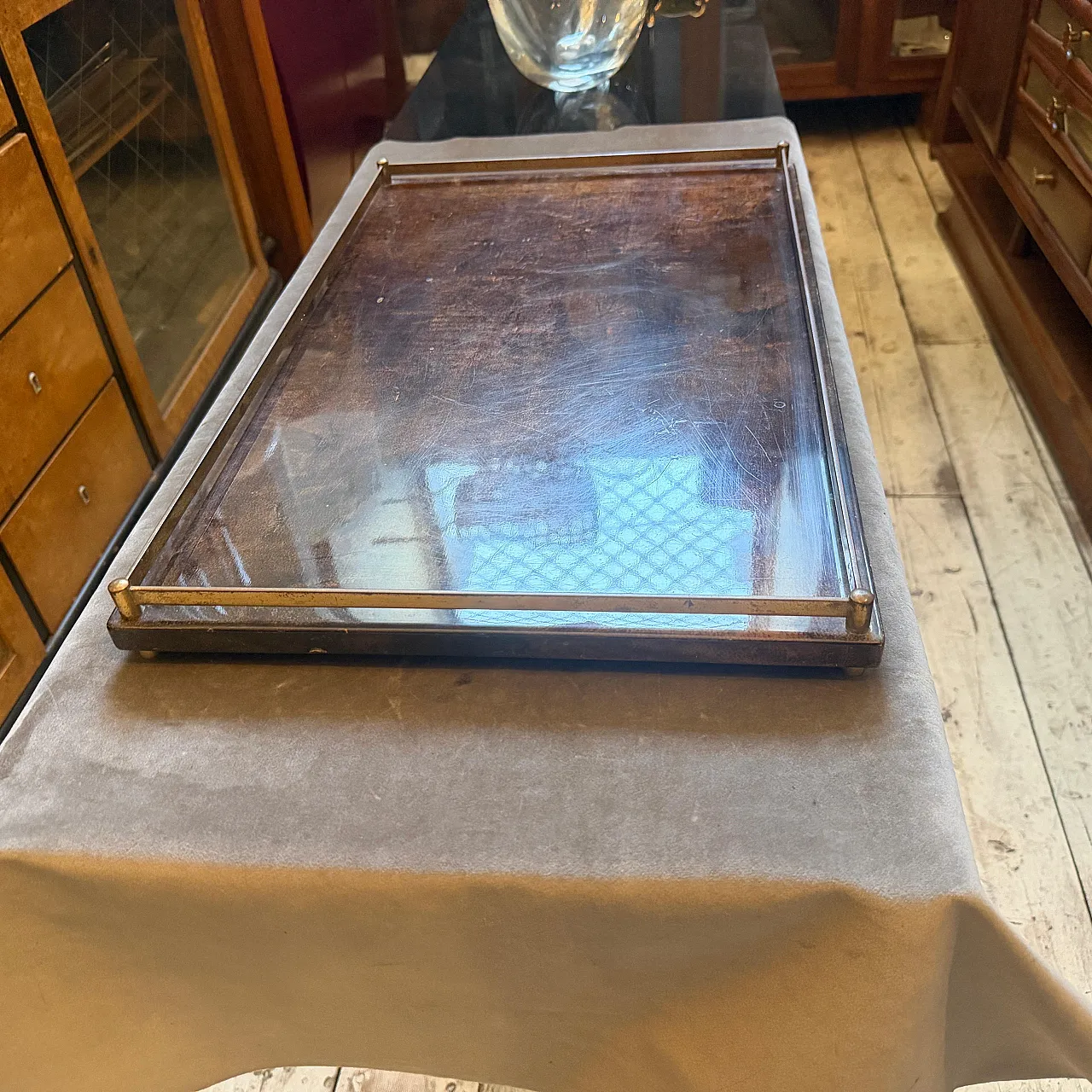 Mid-Century Modern painted goatskin and brass tray by Aldo Tura, 1950s 6