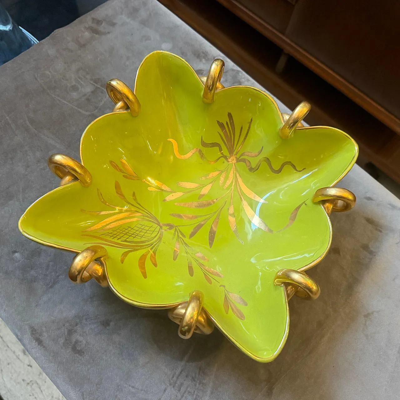 Gio Ponti style green and gold ceramic square bowl by Essepi, 1950s 7