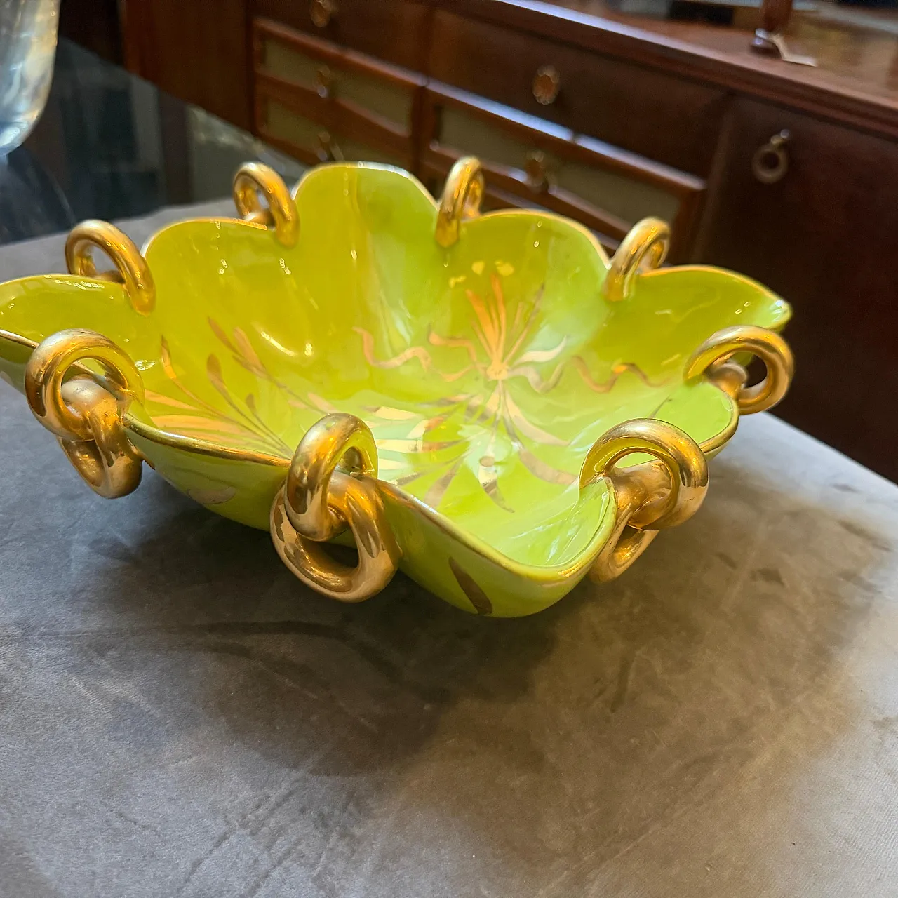 Gio Ponti style green and gold ceramic square bowl by Essepi, 1950s 8