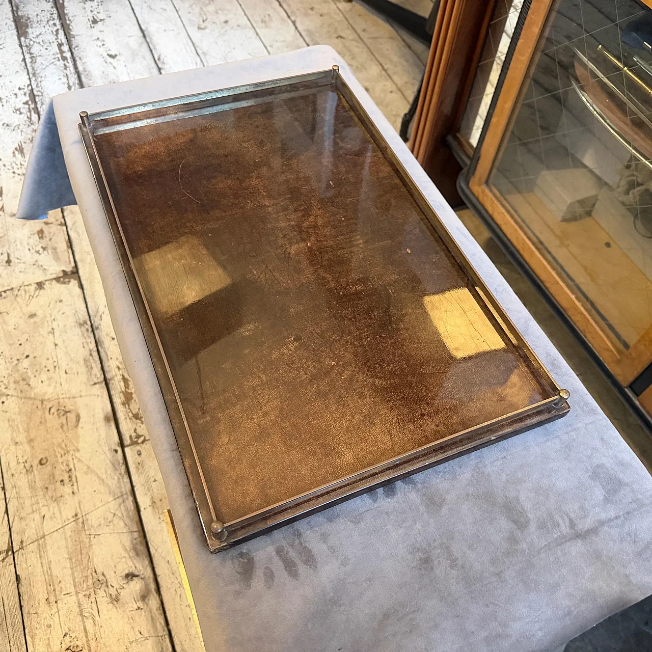 Mid-Century Modern painted goatskin and brass tray by Aldo Tura, 1950s 8