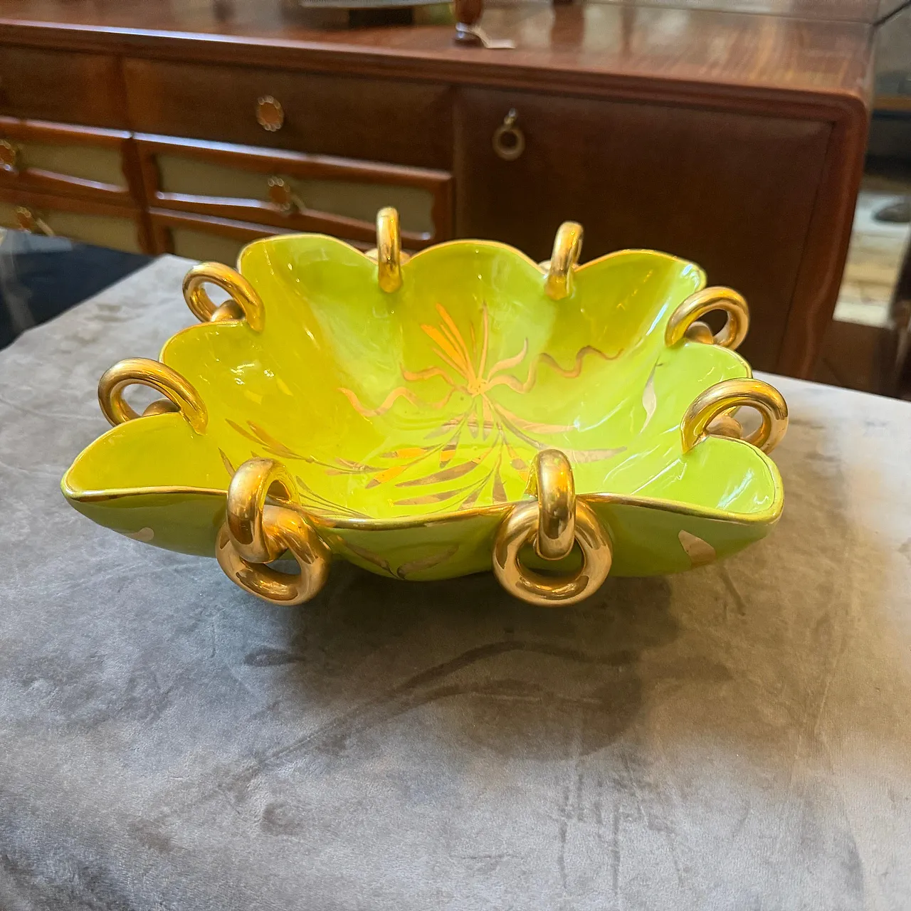 Gio Ponti style green and gold ceramic square bowl by Essepi, 1950s 9