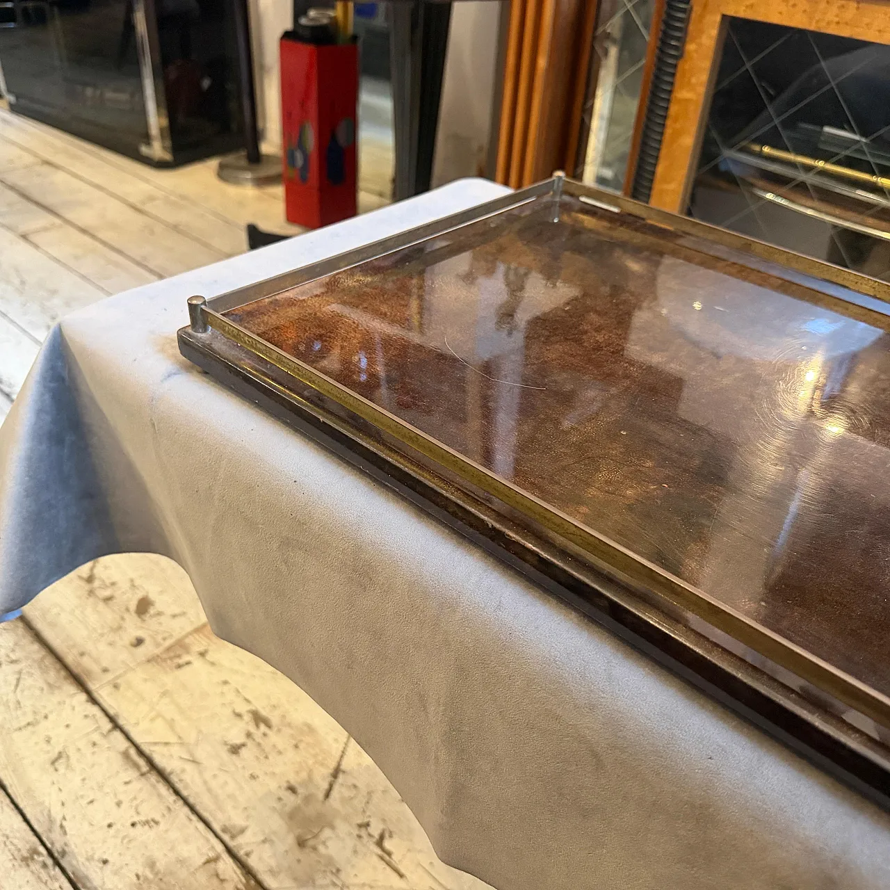 Mid-Century Modern painted goatskin and brass tray by Aldo Tura, 1950s 9