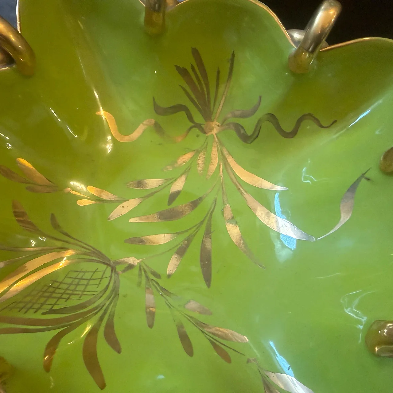 Gio Ponti style green and gold ceramic square bowl by Essepi, 1950s 10