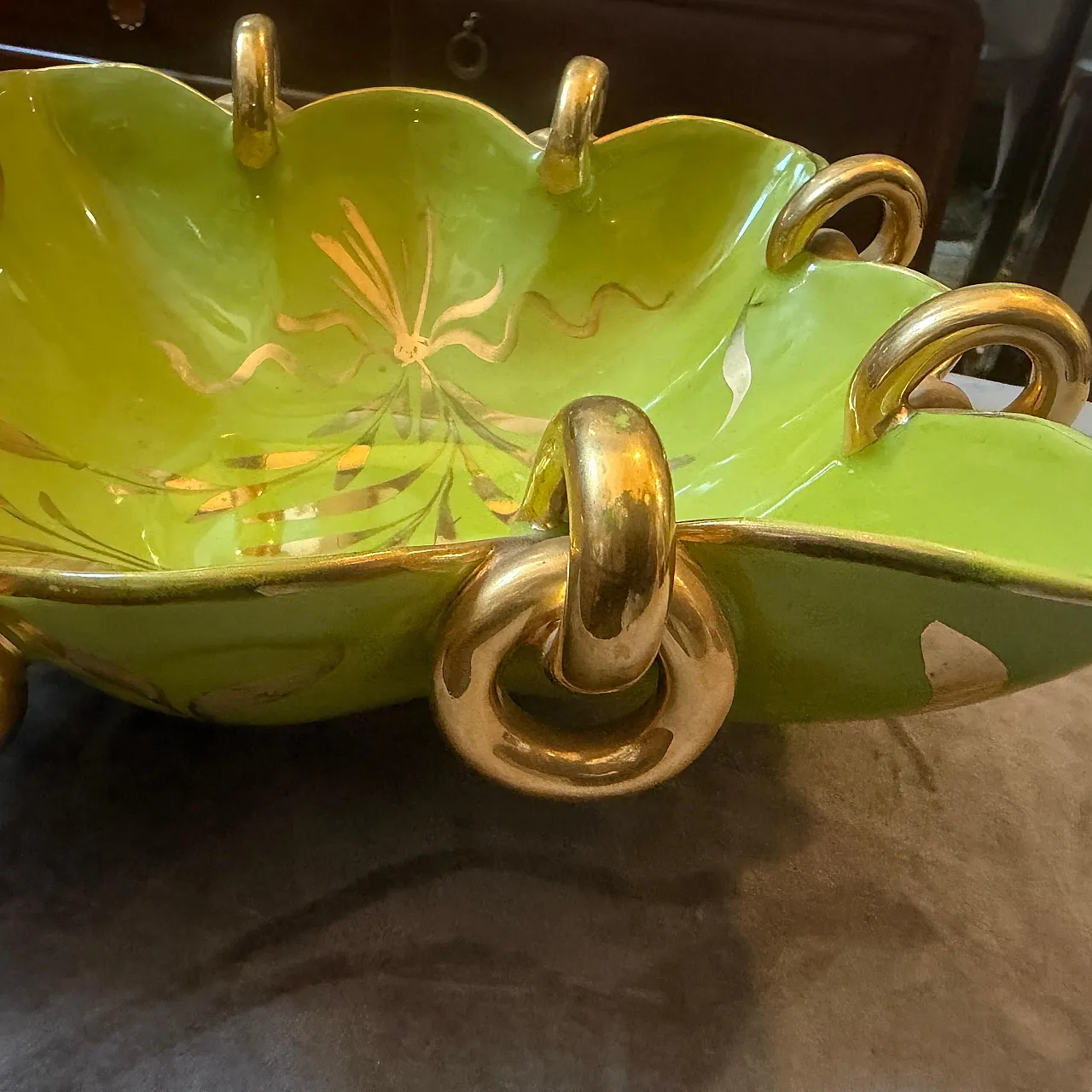 Gio Ponti style green and gold ceramic square bowl by Essepi, 1950s 11