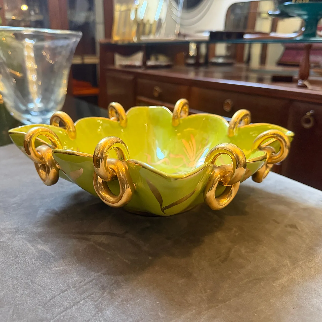 Gio Ponti style green and gold ceramic square bowl by Essepi, 1950s 12