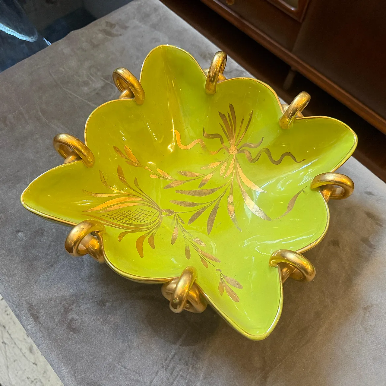 Gio Ponti style green and gold ceramic square bowl by Essepi, 1950s 13