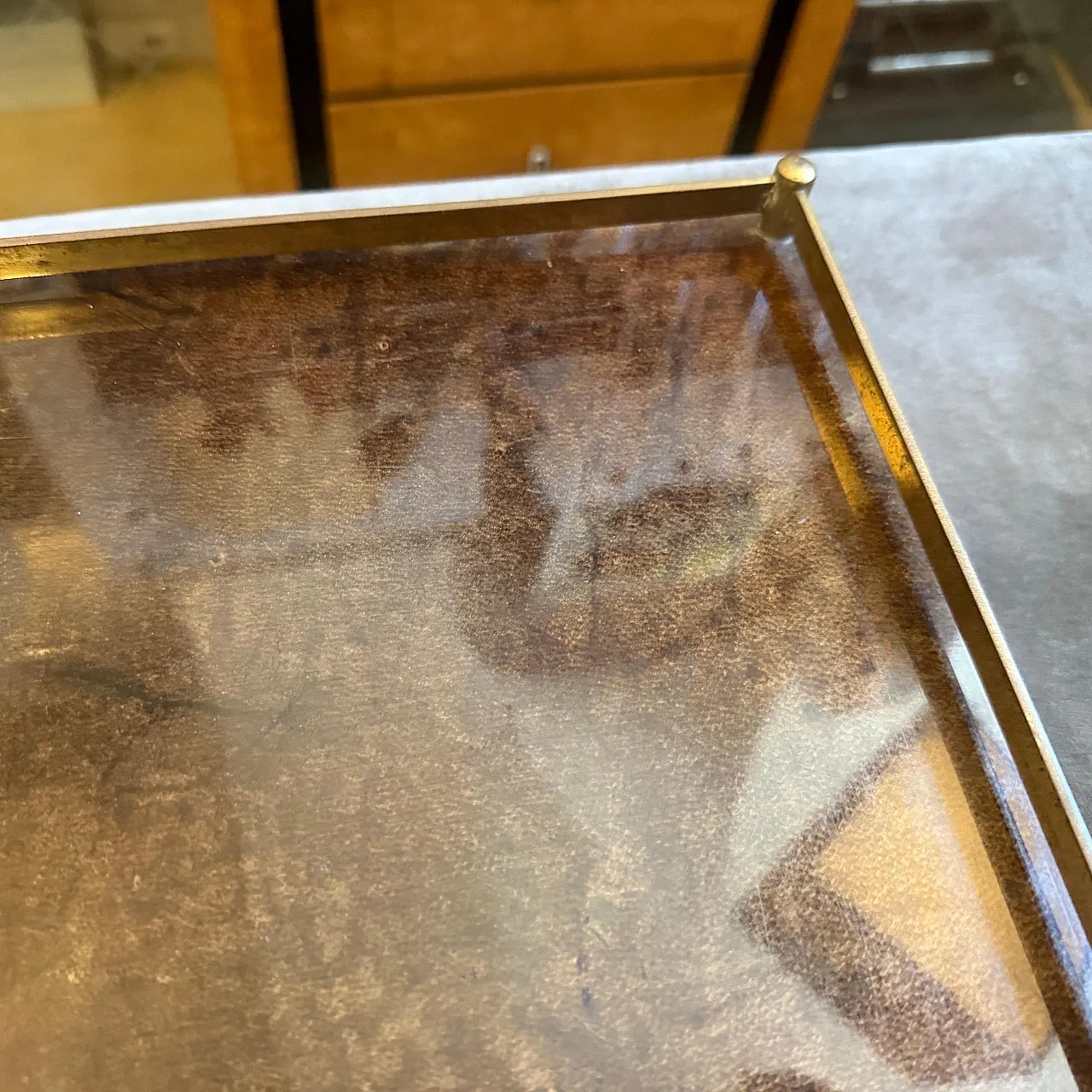 Mid-Century Modern painted goatskin and brass tray by Aldo Tura, 1950s 13