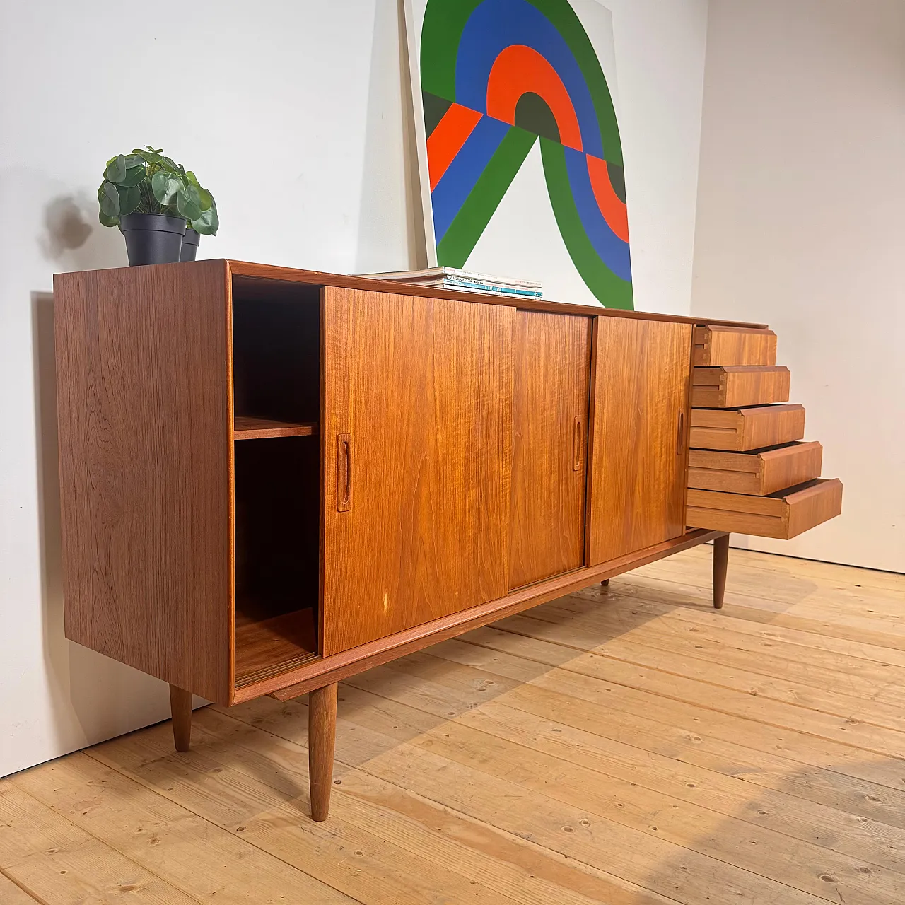 Danish teak sideboard with sliding doors and drawers, 1960s 6
