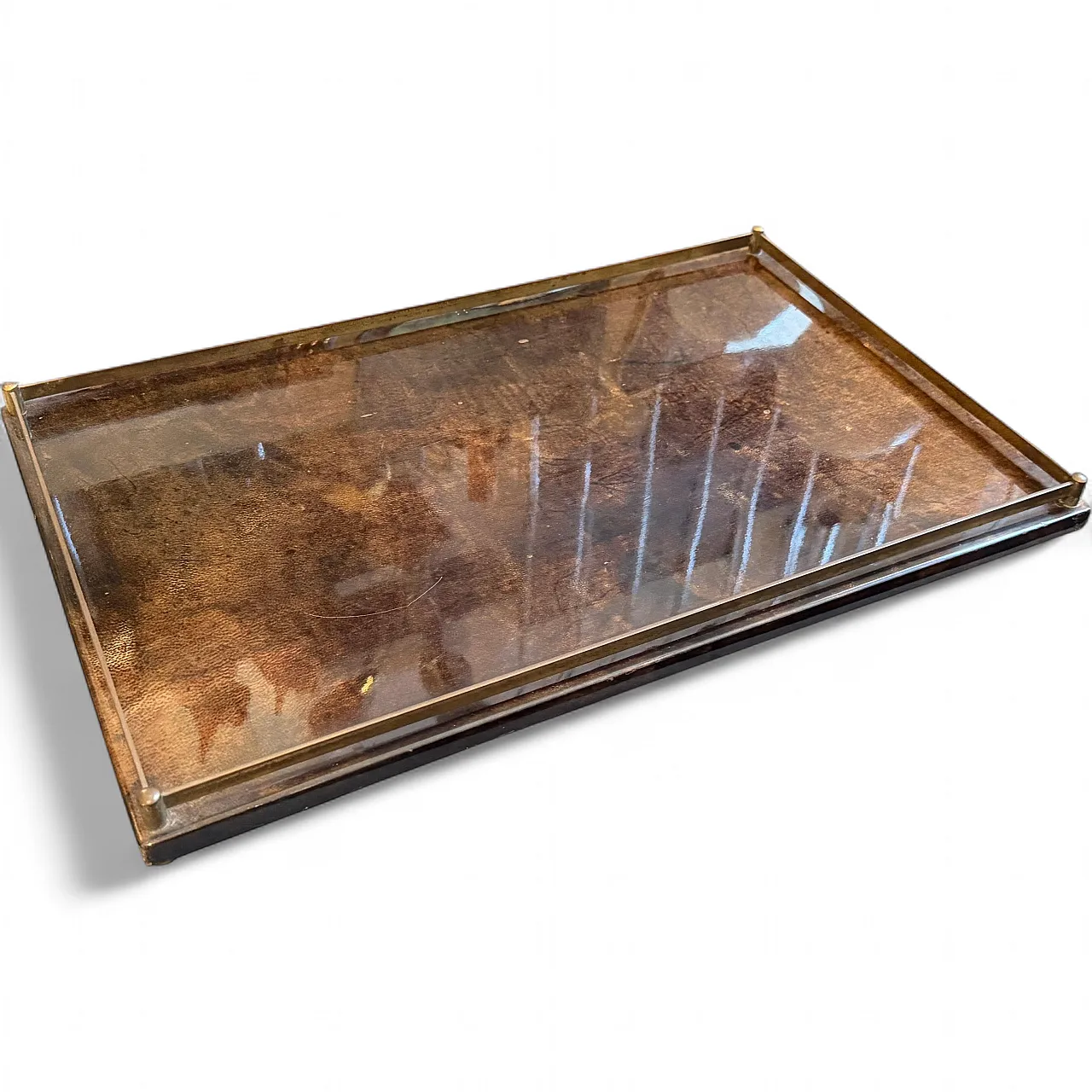 Mid-Century Modern painted goatskin and brass tray by Aldo Tura, 1950s 14